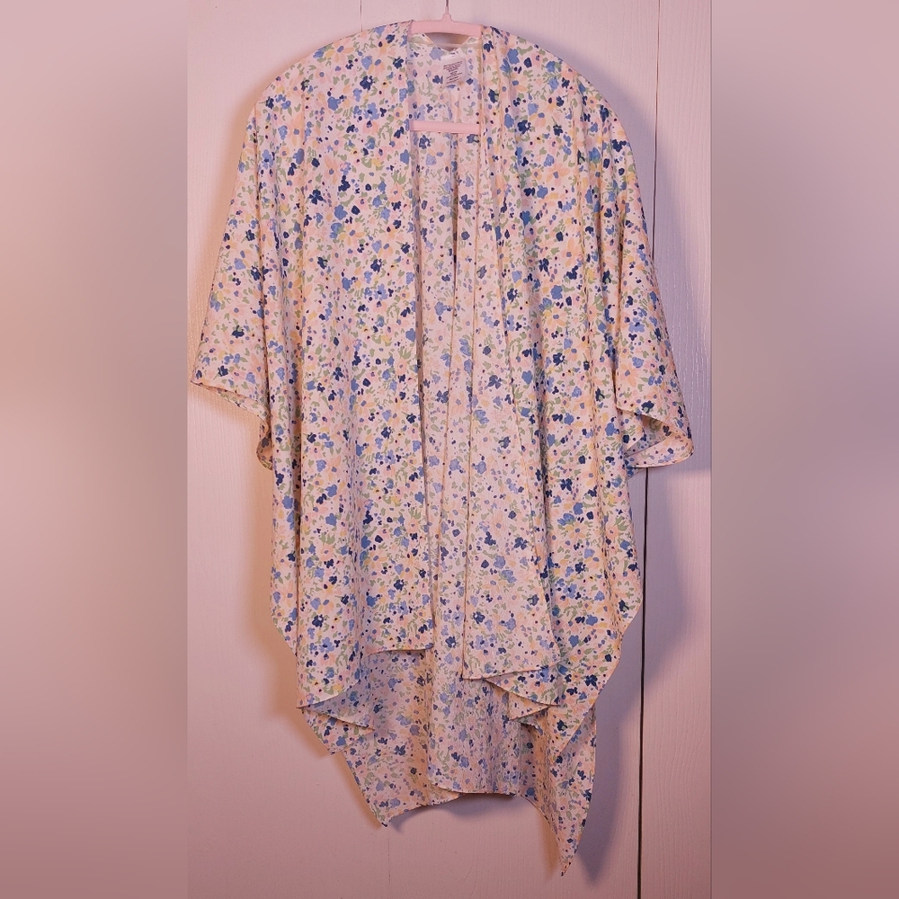 Colorful Floral Size OS Open-Front Kimono Cover-Up Poncho Flowy Drapy Boho - Picture 2 of 12